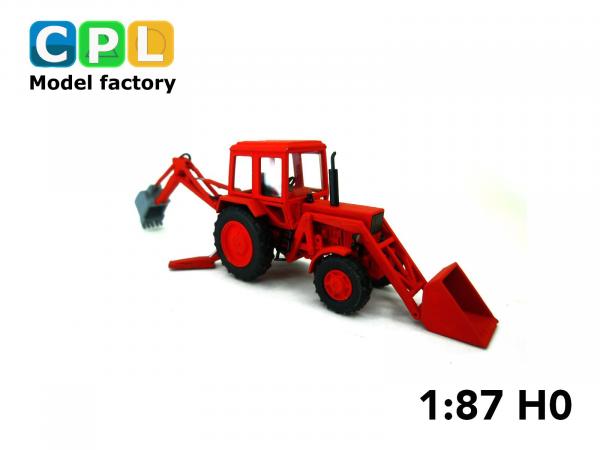 Traktorbagger MTS-82 Frontlader – rot Arbeitsstellung Arm unten